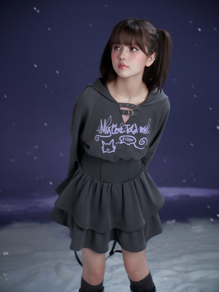 Cat Graphic Cinched Waist Hoodie Dress