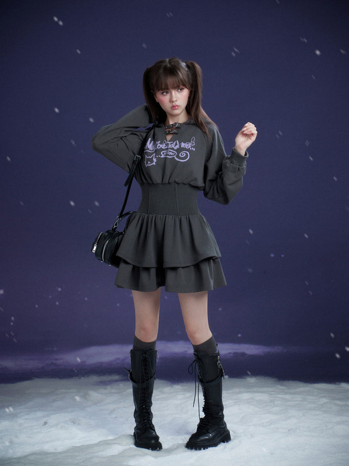 Cat Graphic Cinched Waist Hoodie Dress