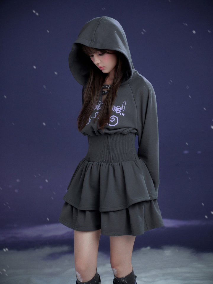 Cat Graphic Cinched Waist Hoodie Dress