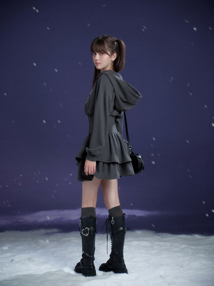 Cat Graphic Cinched Waist Hoodie Dress