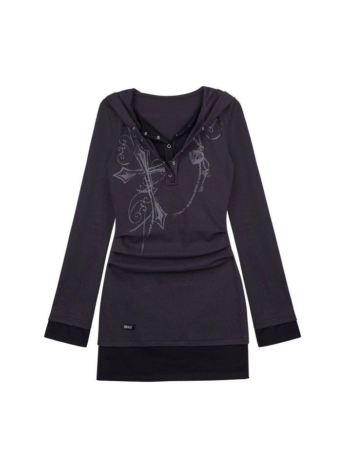 Cross Graphic Layered Hooded Mini Dress