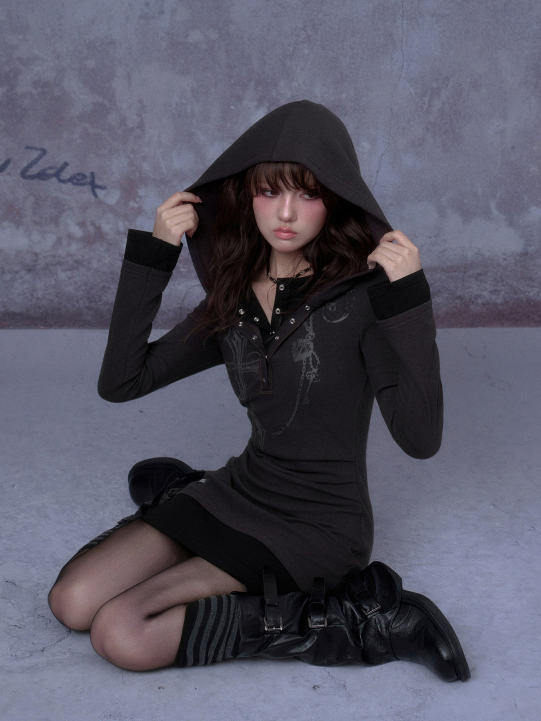 Cross Graphic Layered Hooded Mini Dress