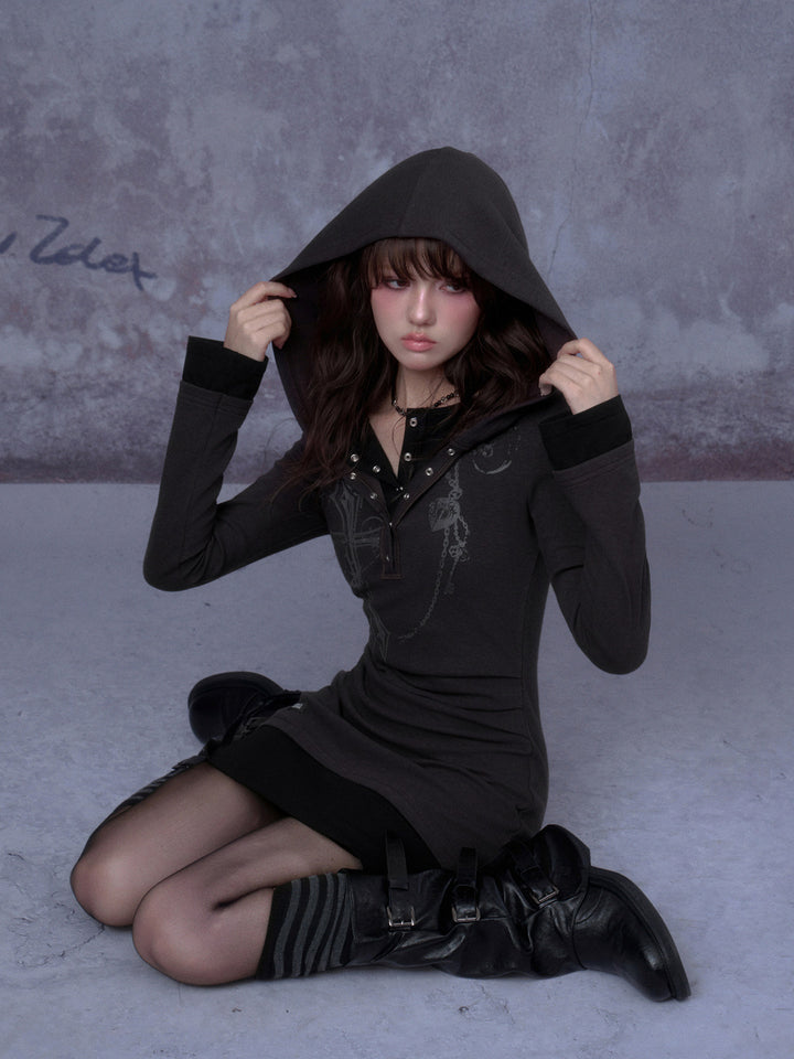 Cross Graphic Layered Hooded Mini Dress