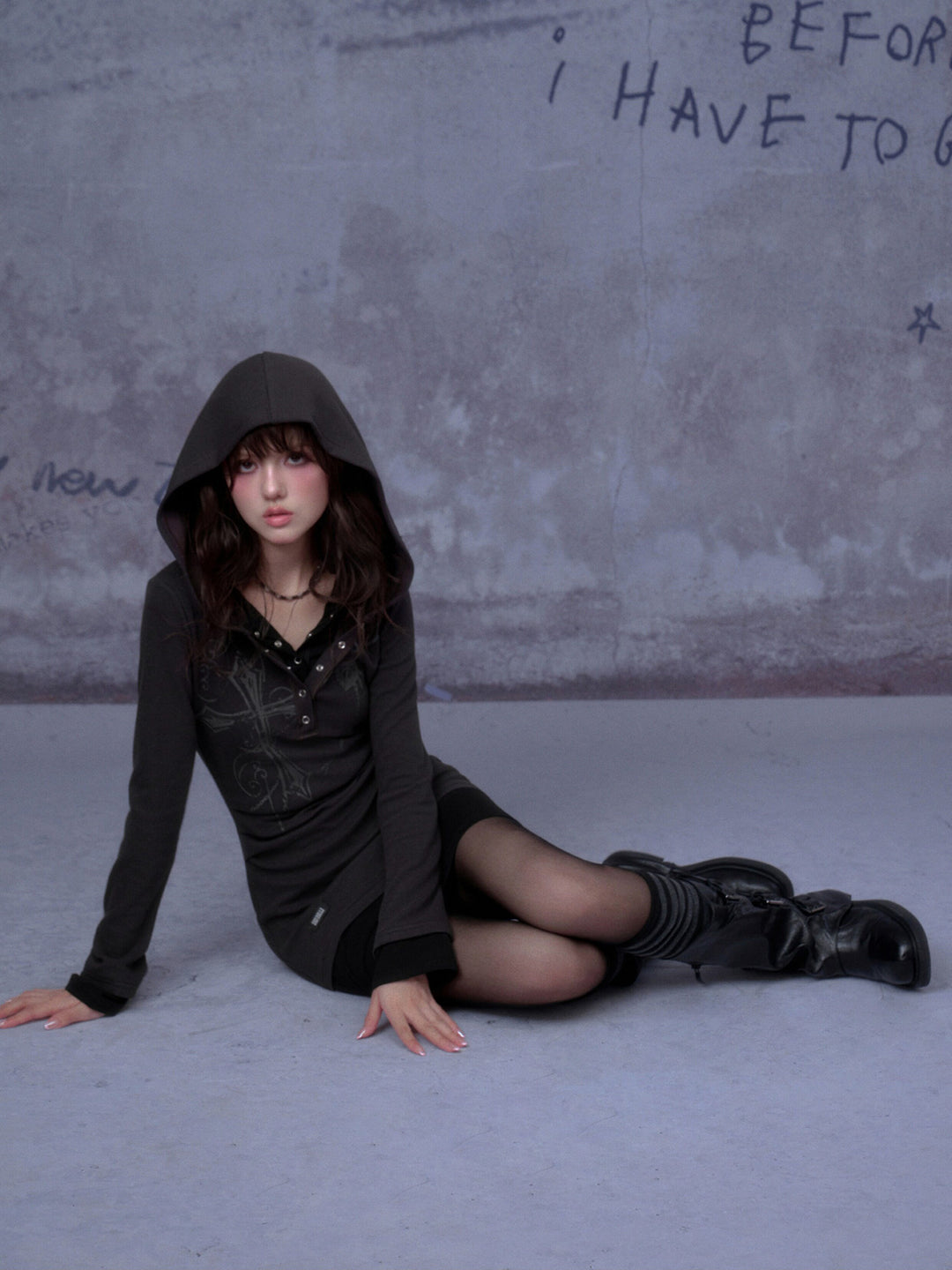 Cross Graphic Layered Hooded Mini Dress