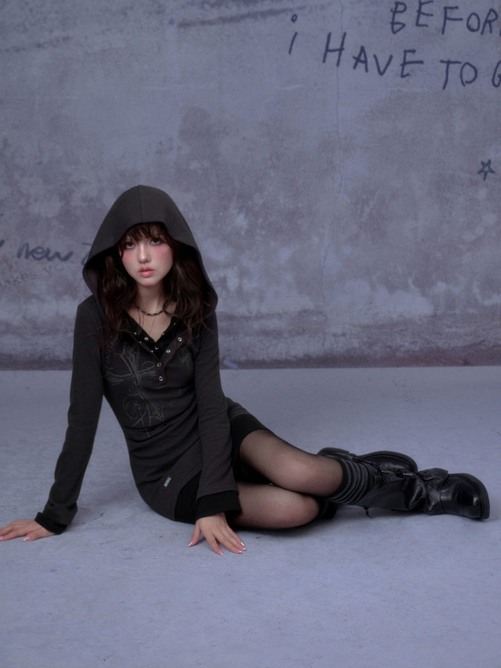 Cross Graphic Layered Hooded Mini Dress