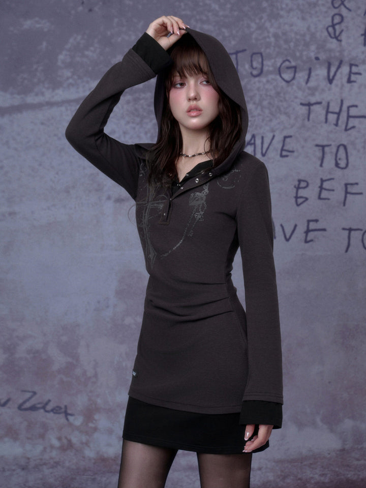 Cross Graphic Layered Hooded Mini Dress