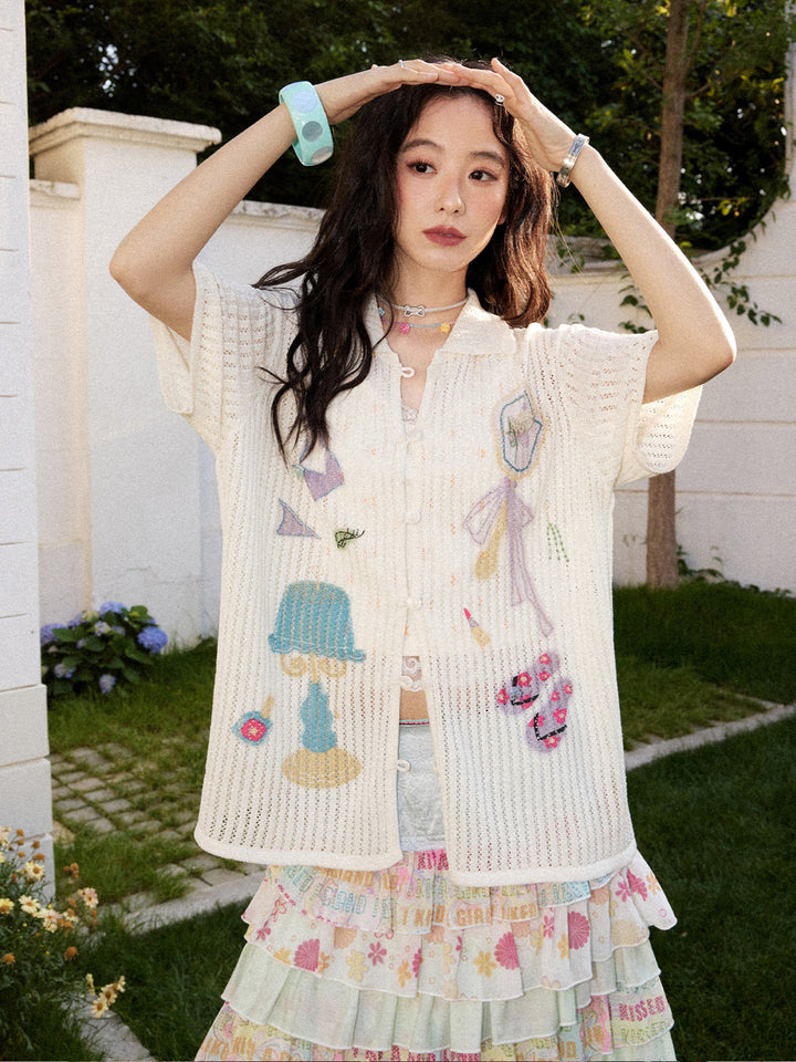 Playful Appliqué Open-Knit Button Up Shirt