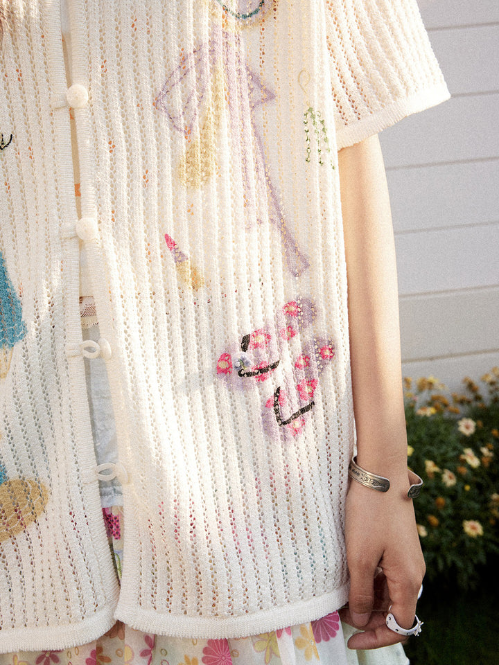 Playful Appliqué Open-Knit Button Up Shirt