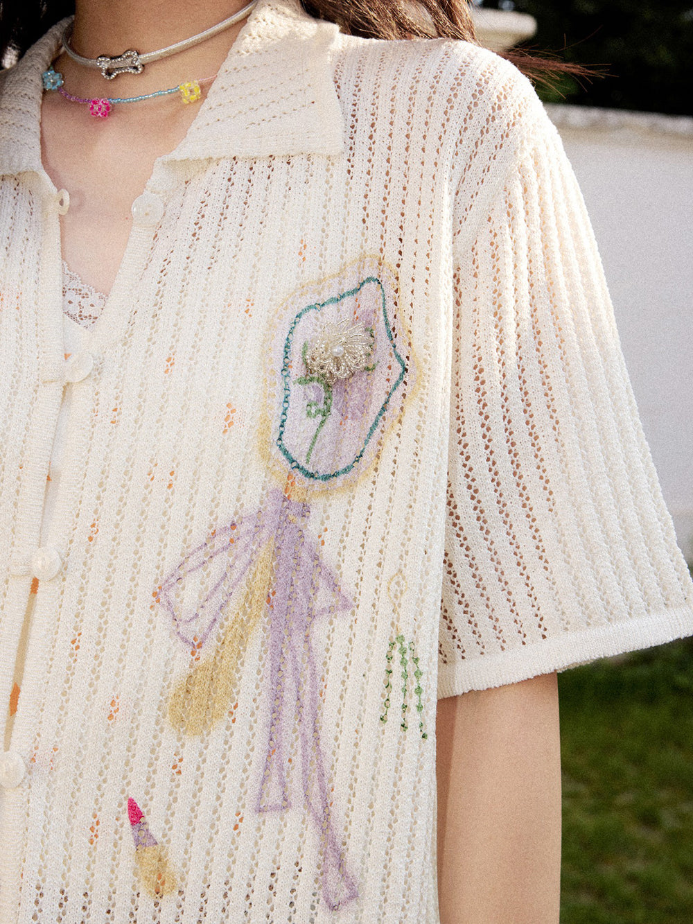 Playful Appliqué Open-Knit Button Up Shirt