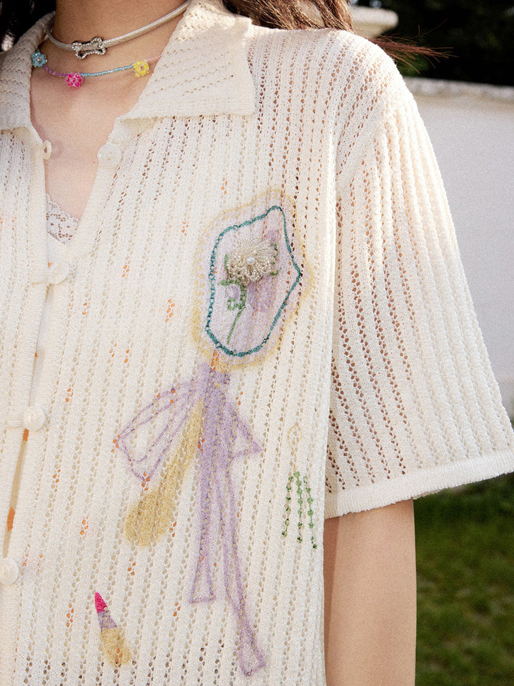 Playful Appliqué Open-Knit Button Up Shirt