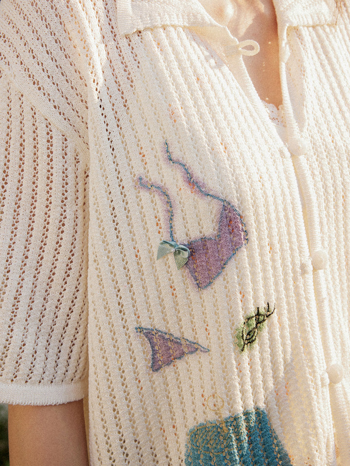 Playful Appliqué Open-Knit Button Up Shirt