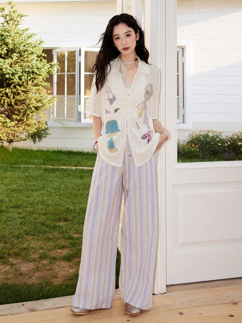 Playful Appliqué Open-Knit Button Up Shirt