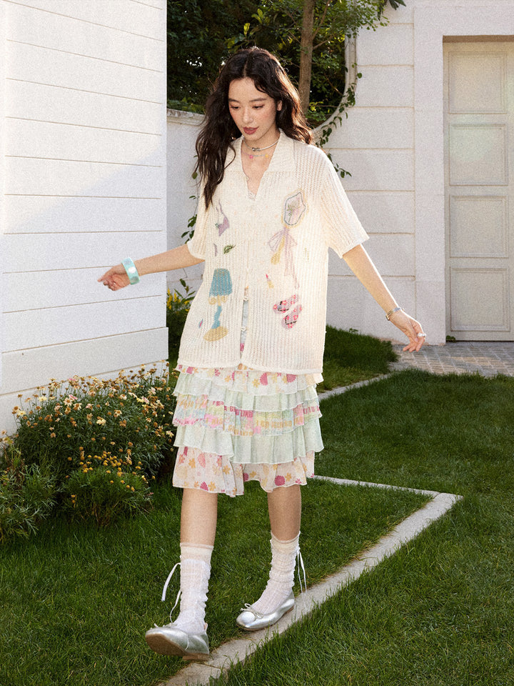 Playful Appliqué Open-Knit Button Up Shirt