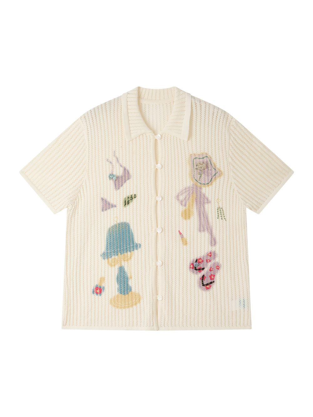 Playful Appliqué Open-Knit Button Up Shirt
