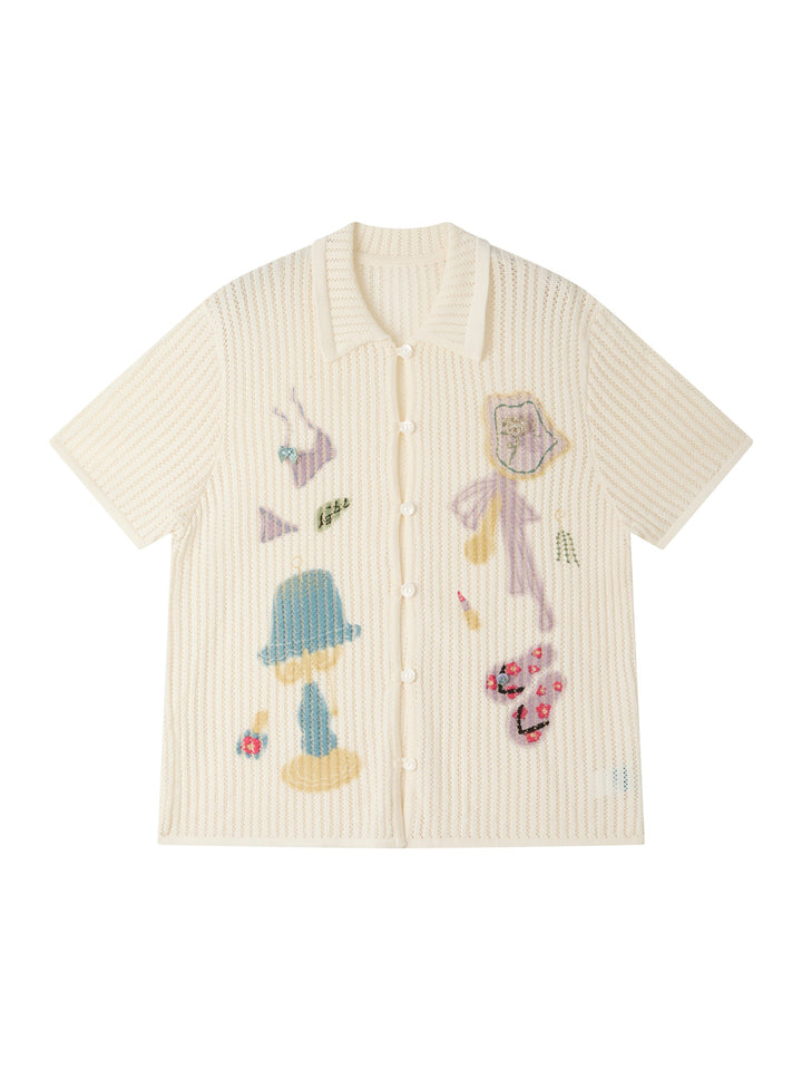 Playful Appliqué Open-Knit Button Up Shirt
