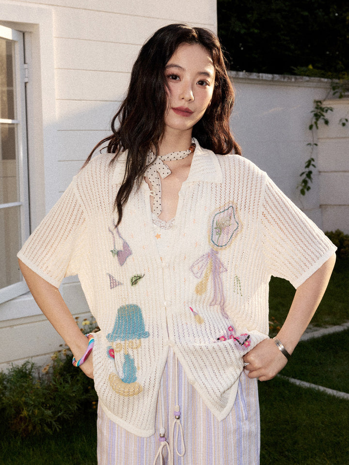 Playful Appliqué Open-Knit Button Up Shirt