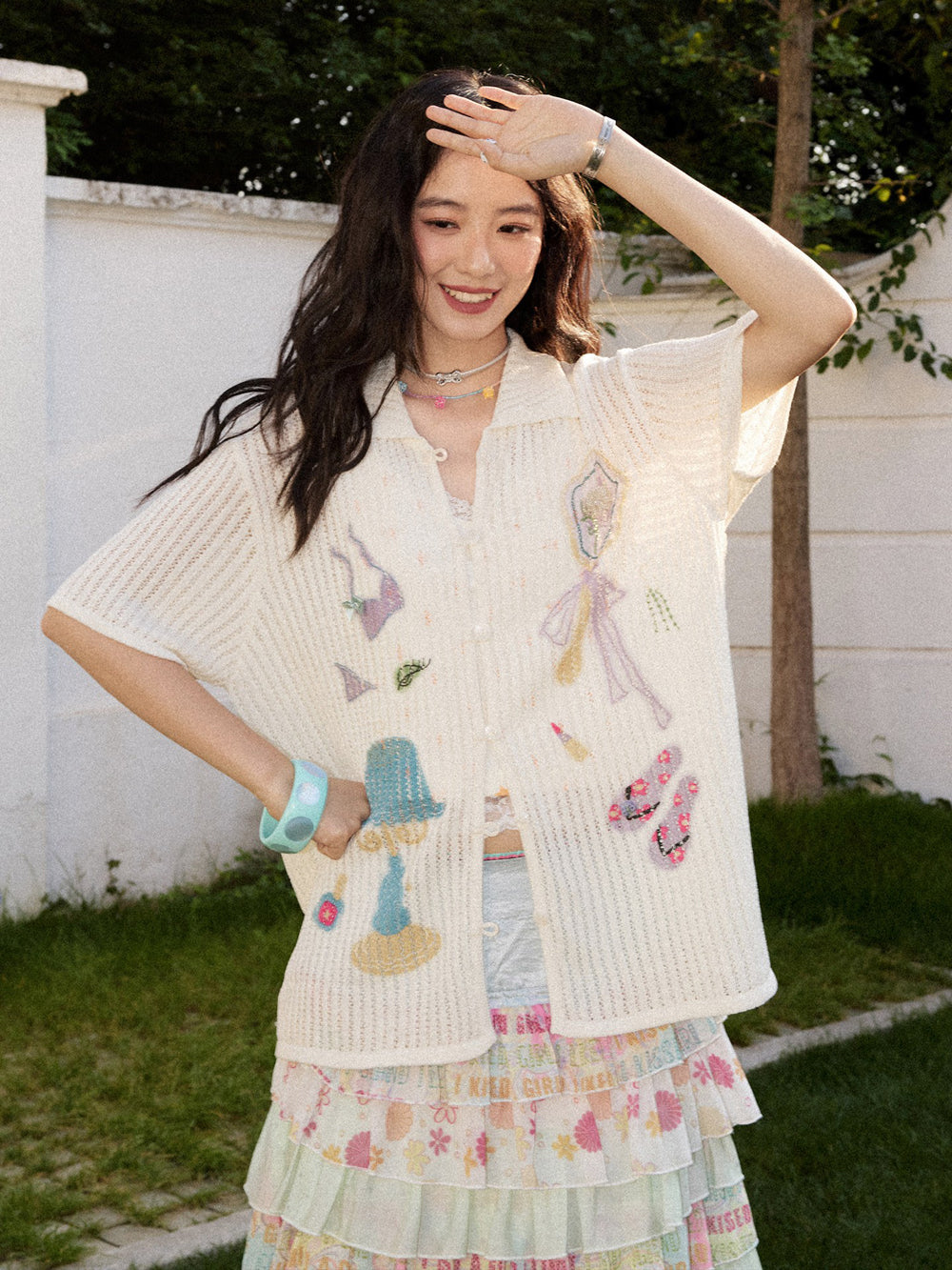 Playful Appliqué Open-Knit Button Up Shirt