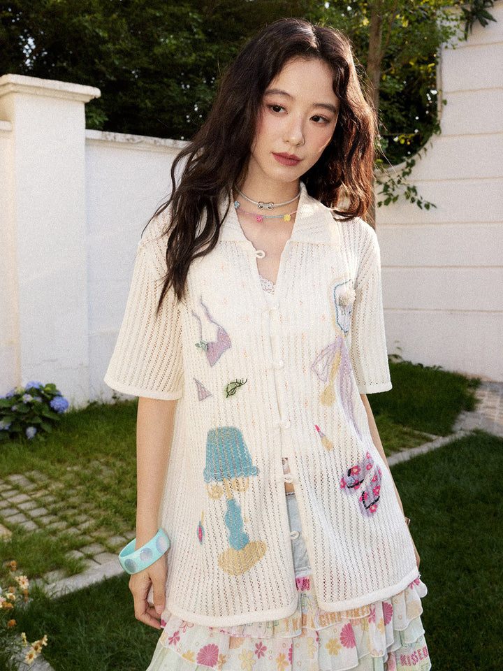 Playful Appliqué Open-Knit Button Up Shirt