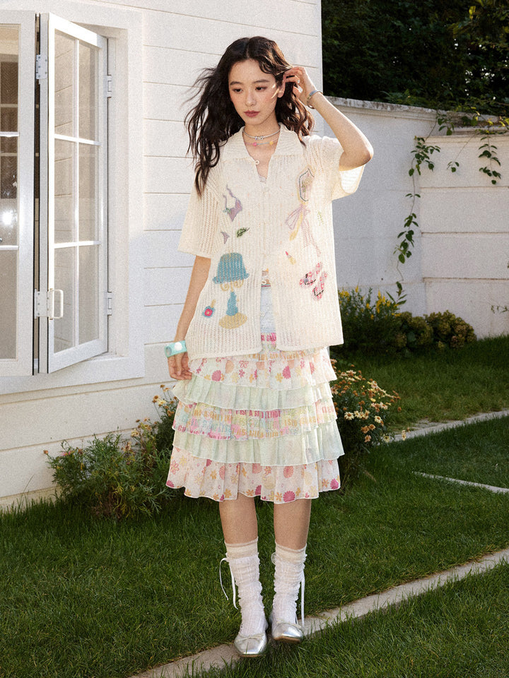 Playful Appliqué Open-Knit Button Up Shirt