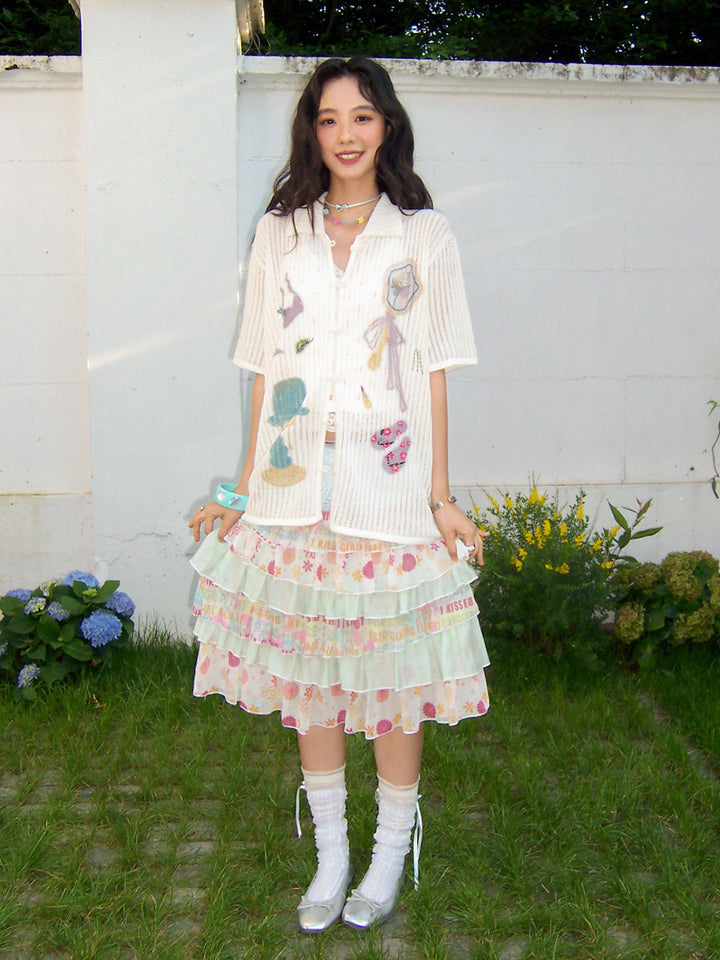 Playful Appliqué Open-Knit Button Up Shirt