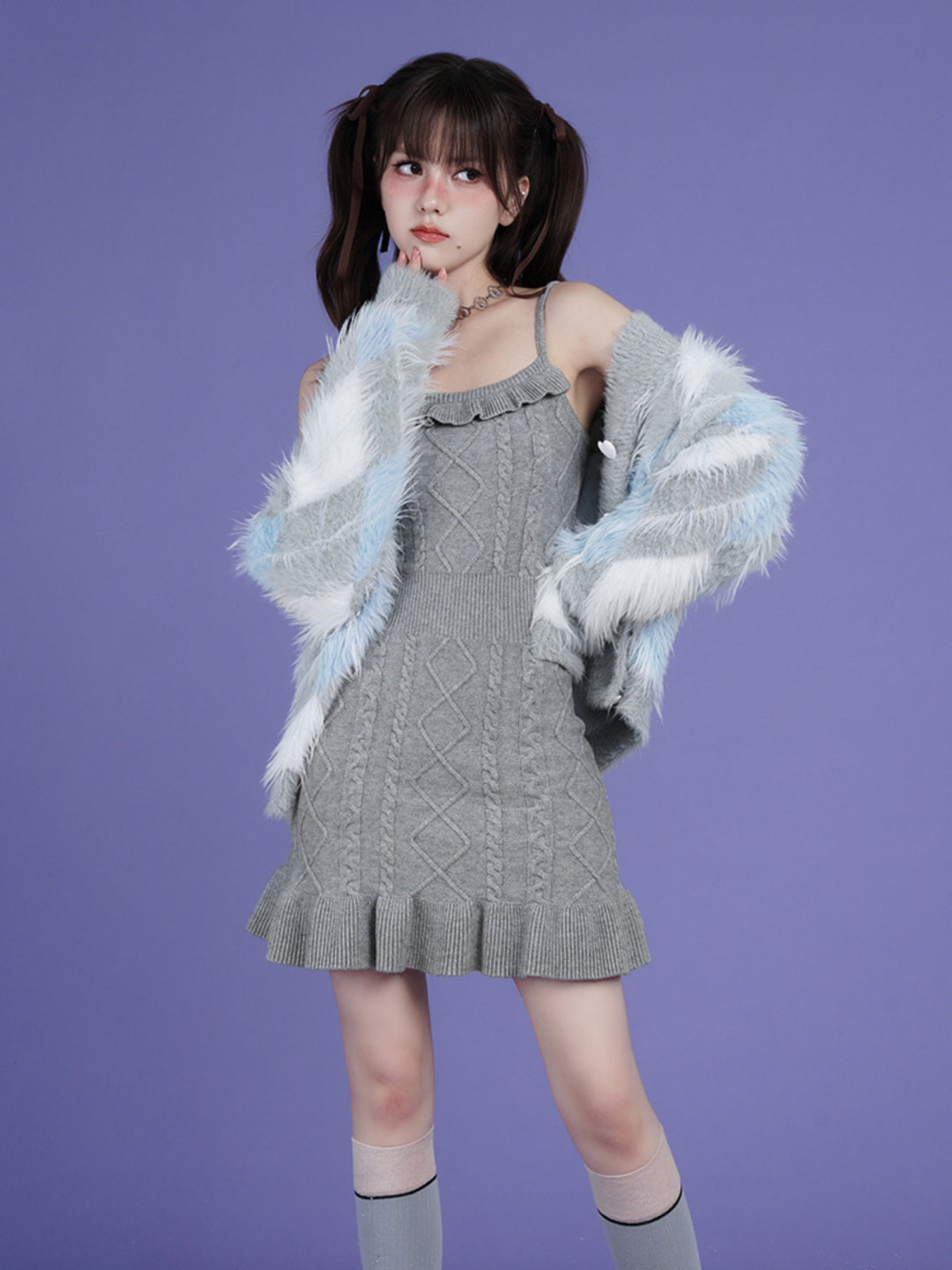 Ruffle Trim Cable Knit Mini Dress