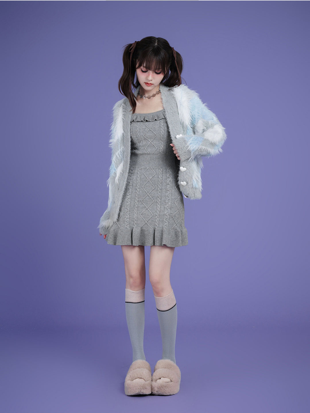 Ruffle Trim Cable Knit Mini Dress