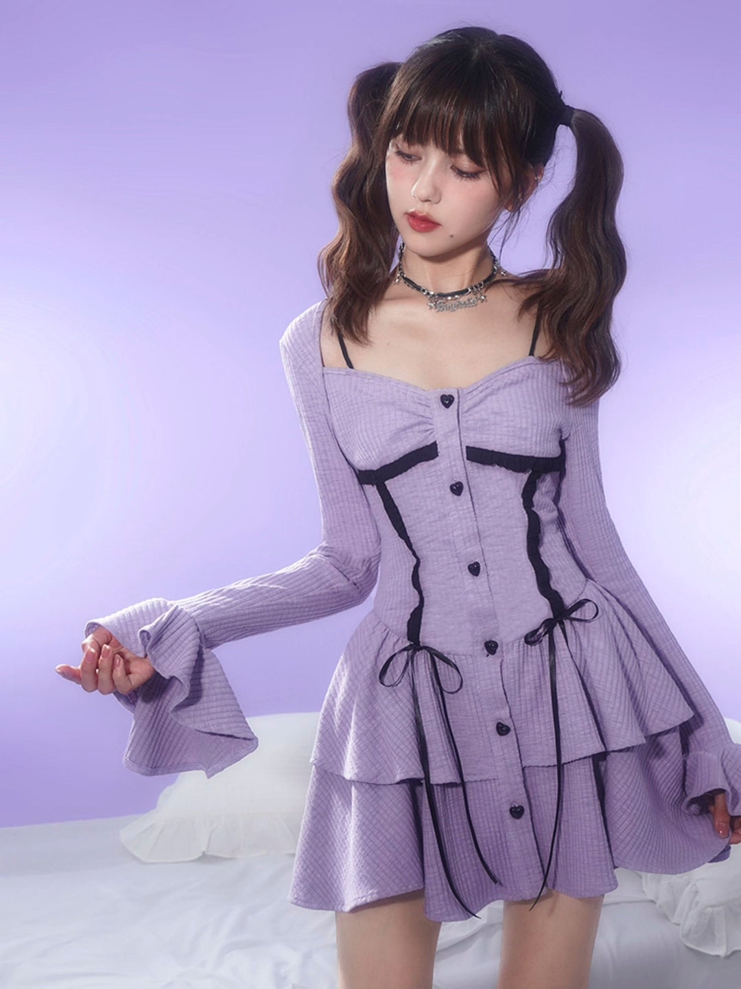 Lavender Corset-Style Ruffle Mini Dress