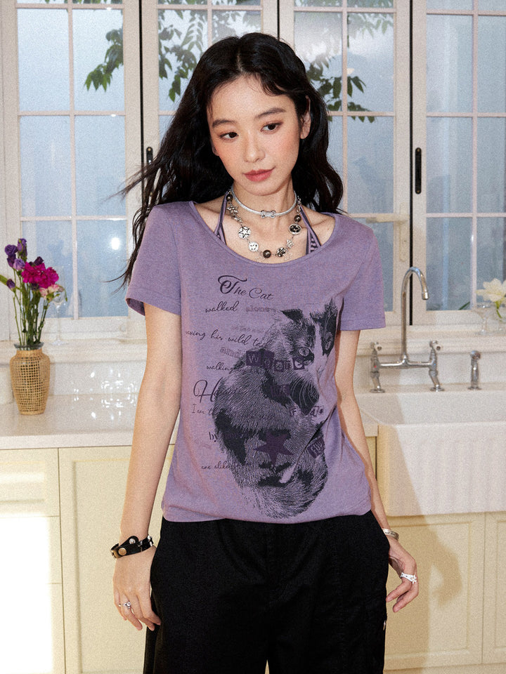 Vintage Cat Graphic Scoop Neck T-Shirt