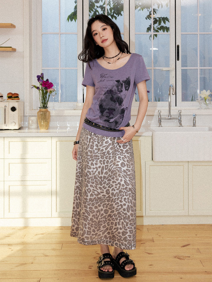 Vintage Cat Graphic Scoop Neck T-Shirt