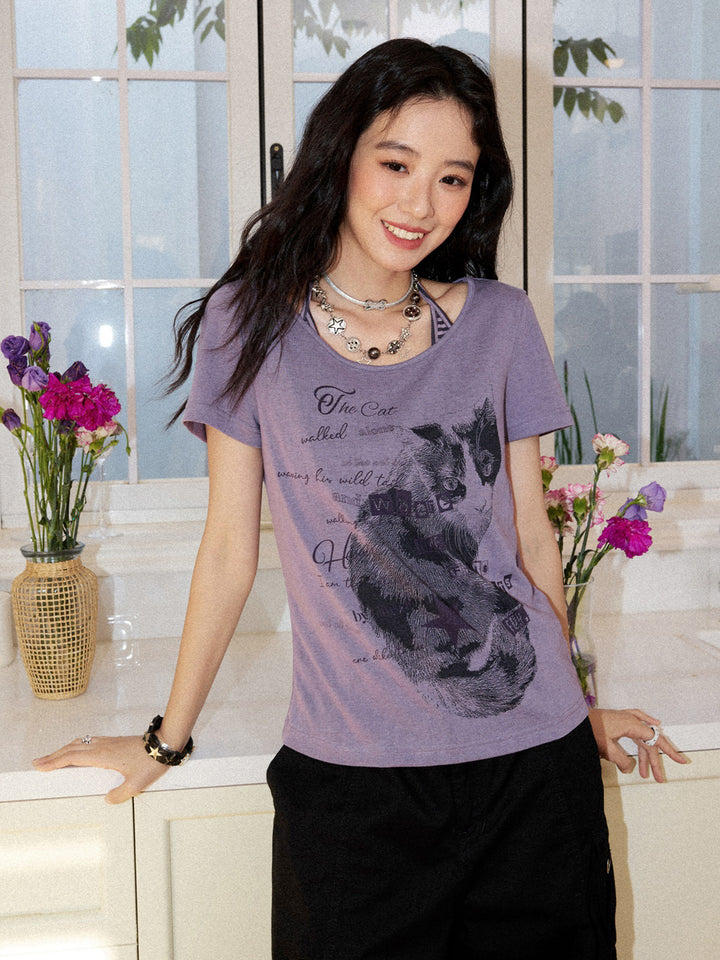 Vintage Cat Graphic Scoop Neck T-Shirt