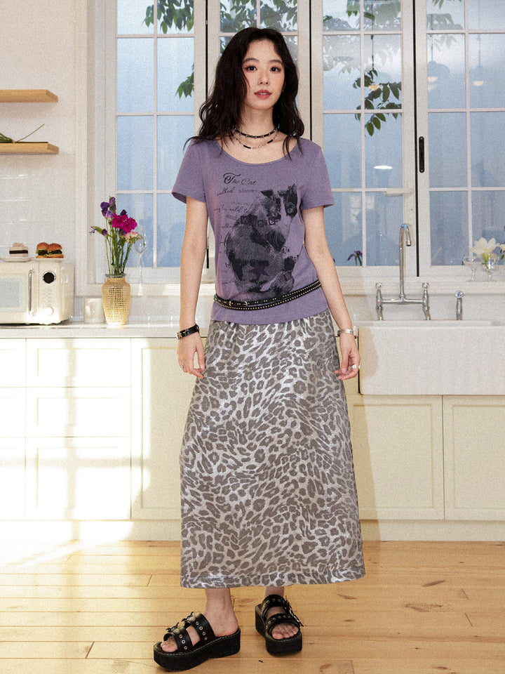 Vintage Cat Graphic Scoop Neck T-Shirt
