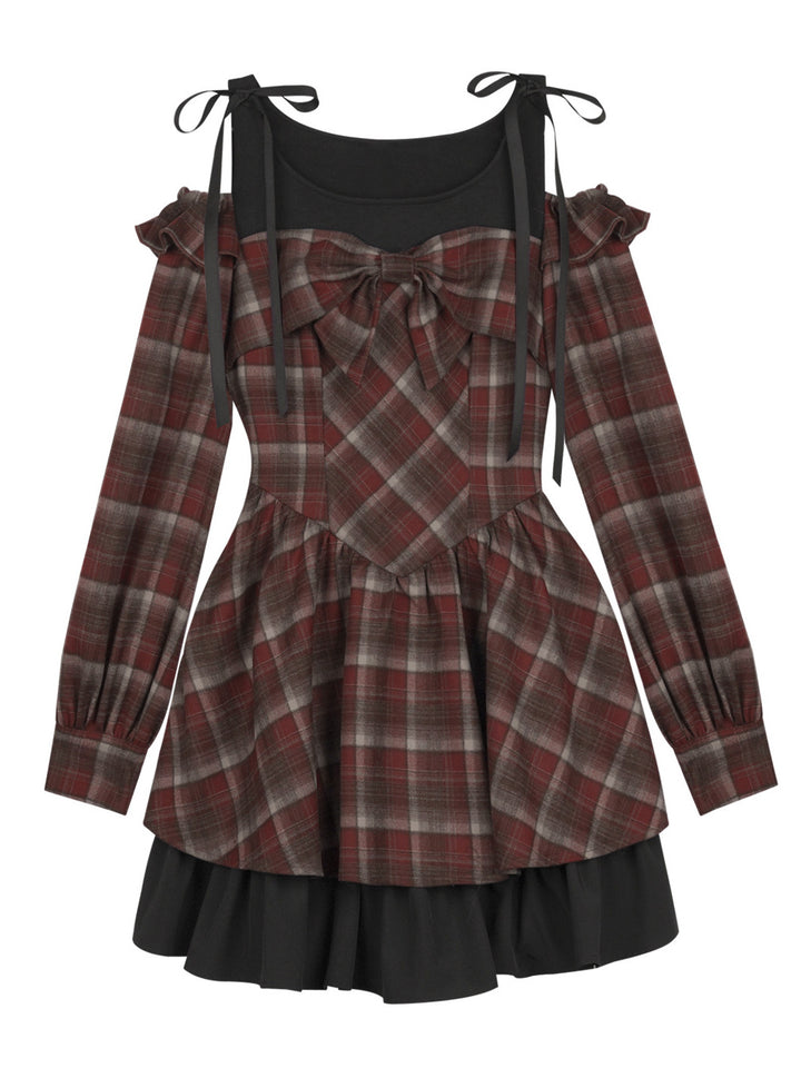 Burgundy Plaid Bow Mini Dress