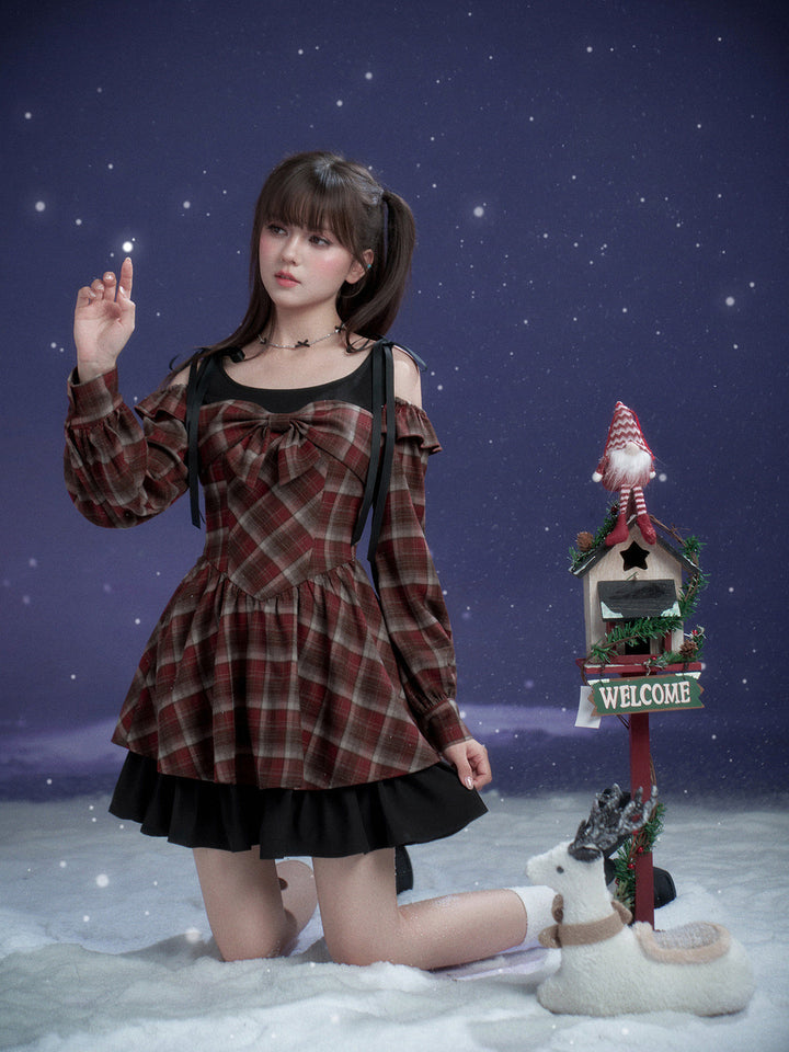 Burgundy Plaid Bow Mini Dress