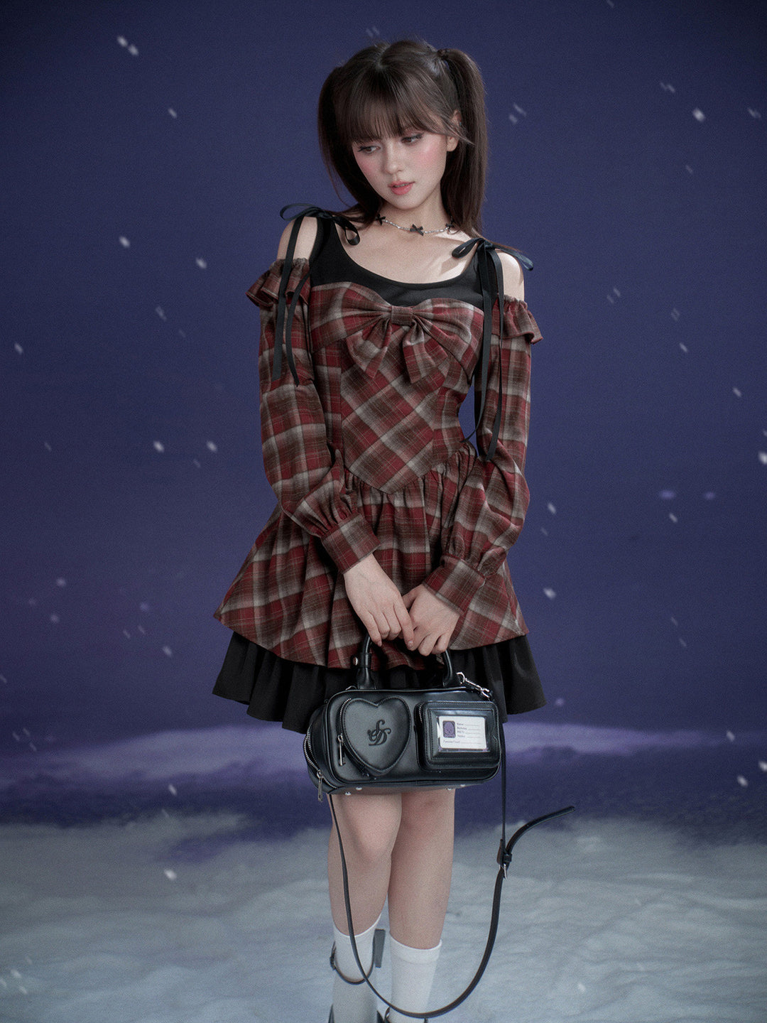 Burgundy Plaid Bow Mini Dress