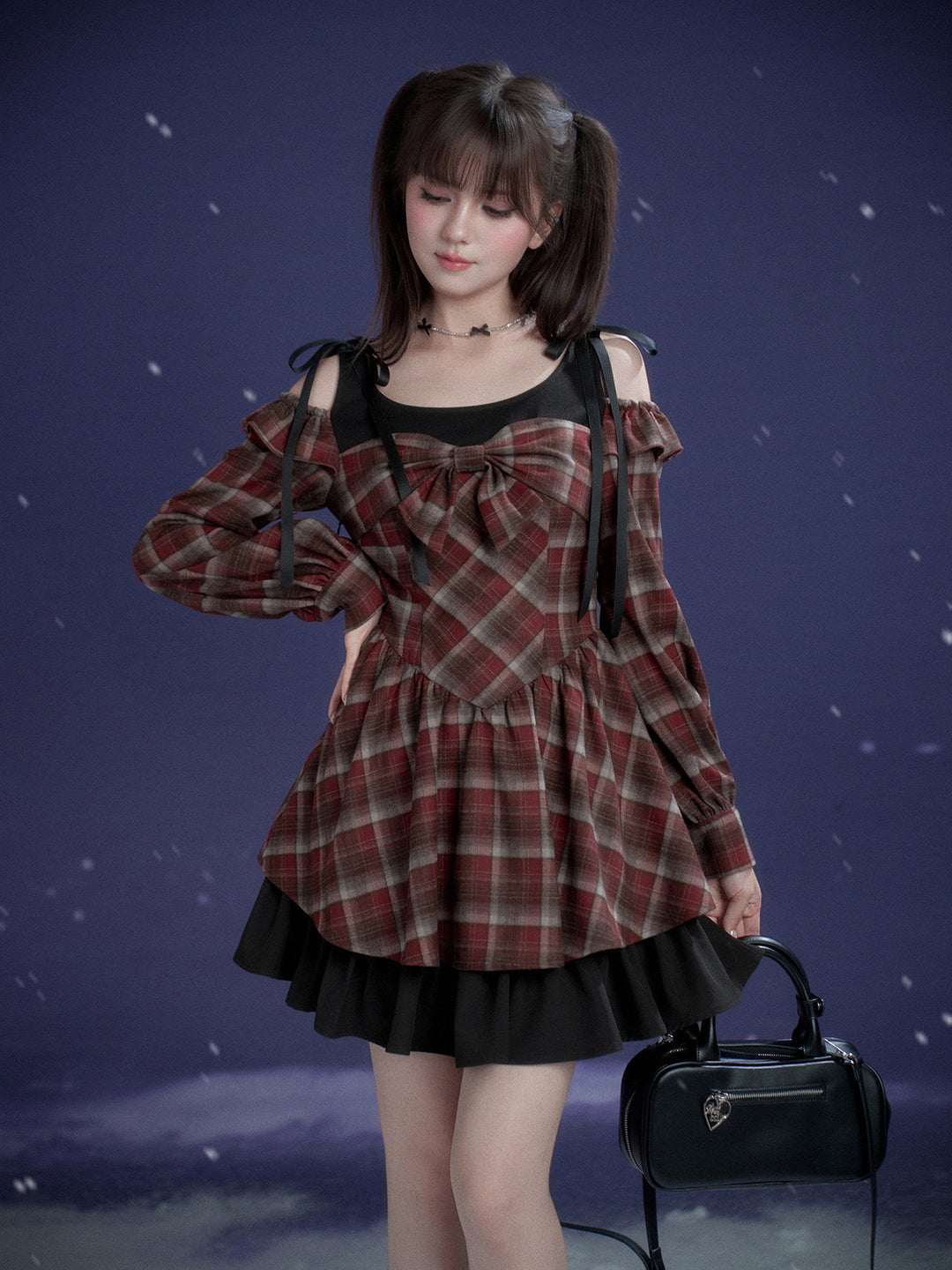 Burgundy Plaid Bow Mini Dress
