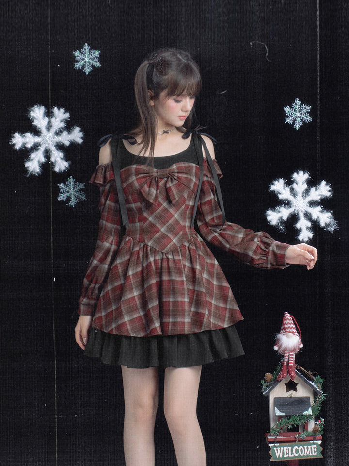 Burgundy Plaid Bow Mini Dress
