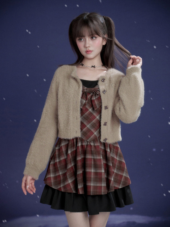 Burgundy Plaid Bow Mini Dress