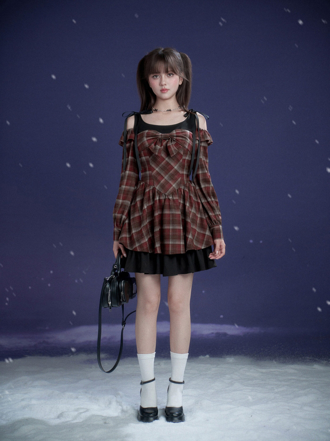 Burgundy Plaid Bow Mini Dress