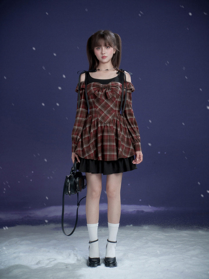 Burgundy Plaid Bow Mini Dress
