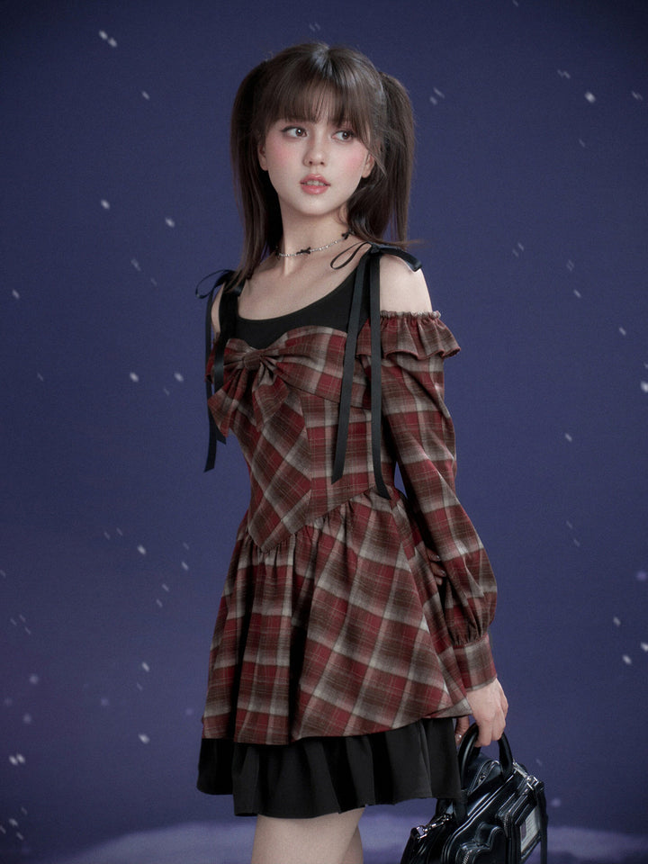 Burgundy Plaid Bow Mini Dress