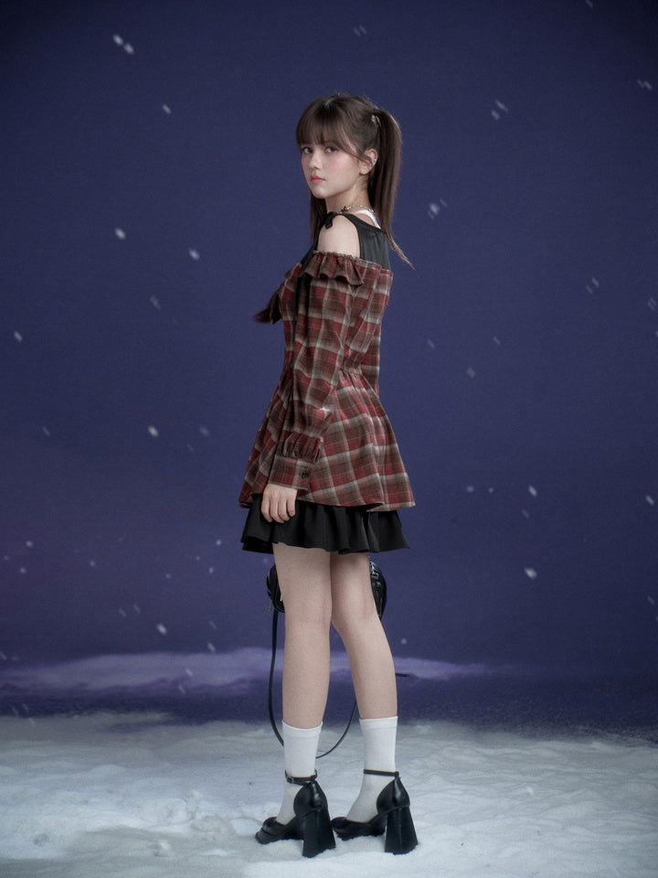 Burgundy Plaid Bow Mini Dress