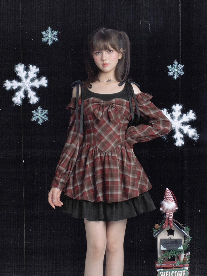 Burgundy Plaid Bow Mini Dress