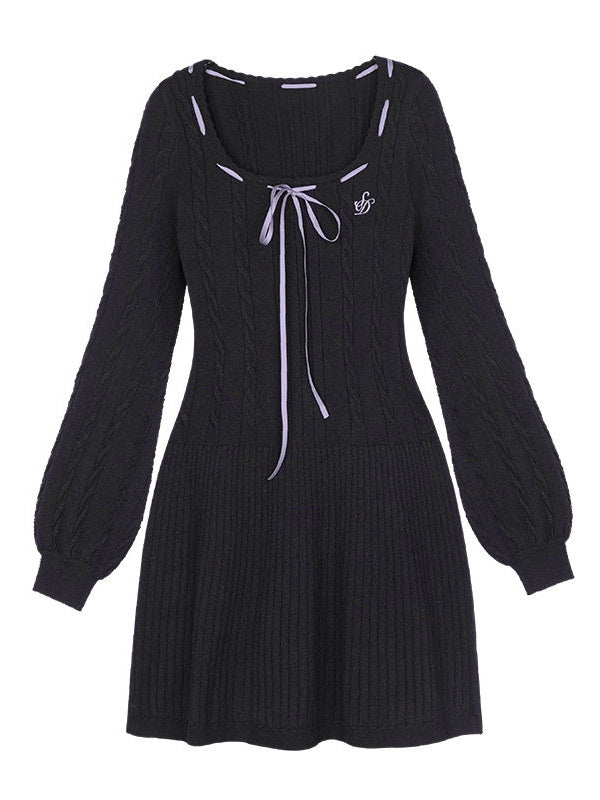 Ribbon-Trim Square Neck Knit Mini Dress