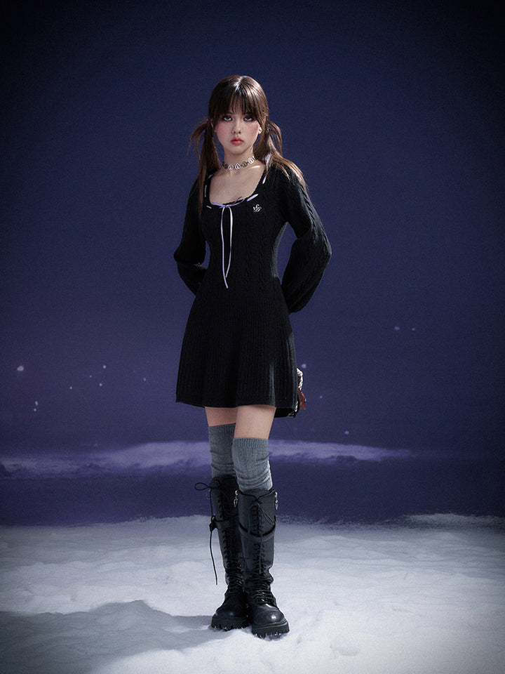 Ribbon-Trim Square Neck Knit Mini Dress