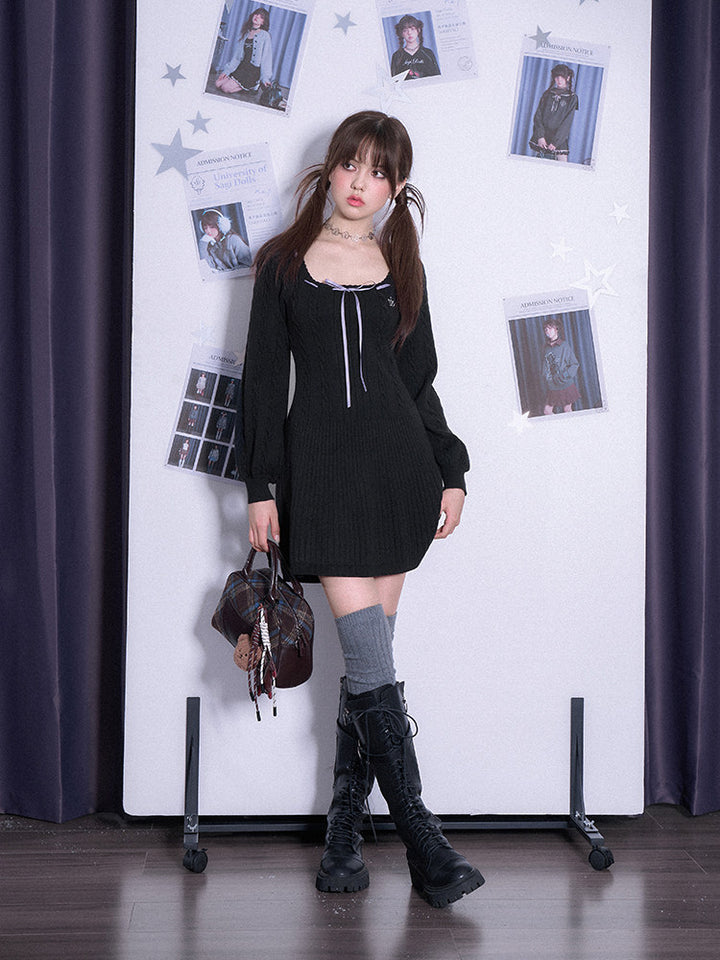 Ribbon-Trim Square Neck Knit Mini Dress