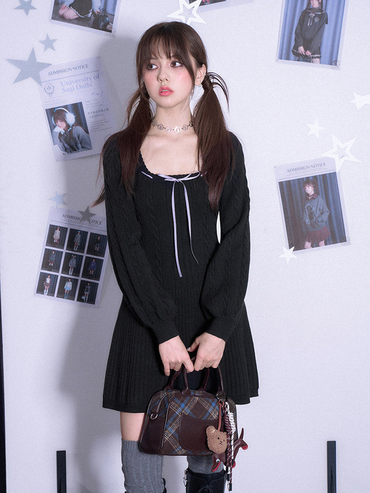 Ribbon-Trim Square Neck Knit Mini Dress