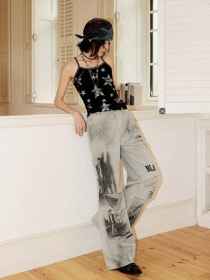 Vintage Manga Graphic Washed Wide Leg Pants