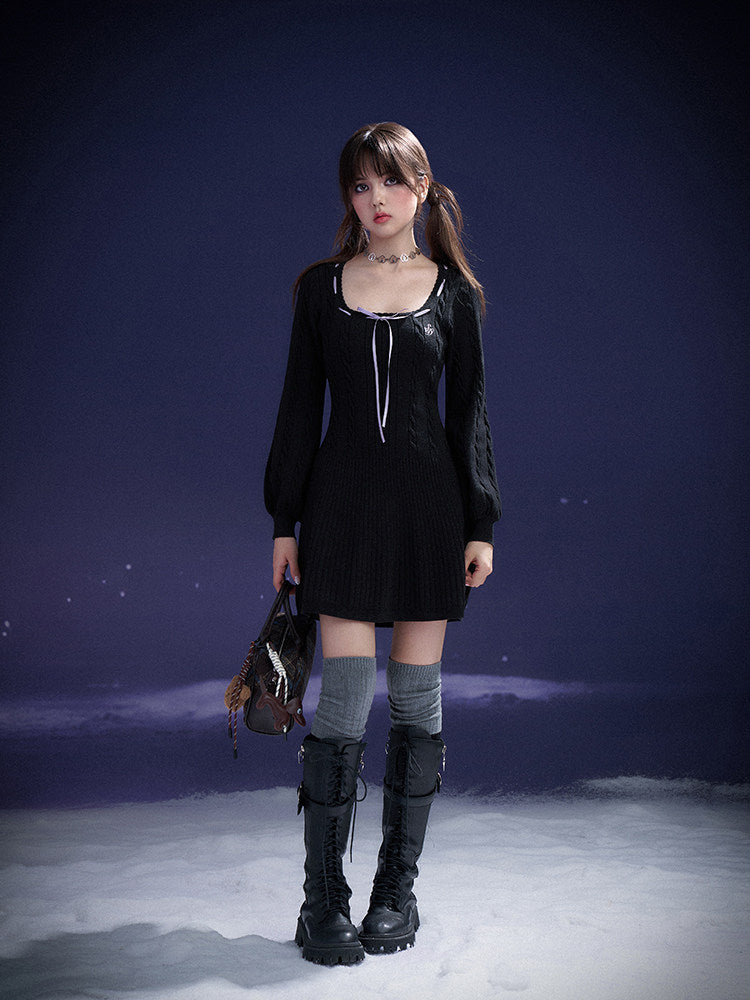 Ribbon-Trim Square Neck Knit Mini Dress