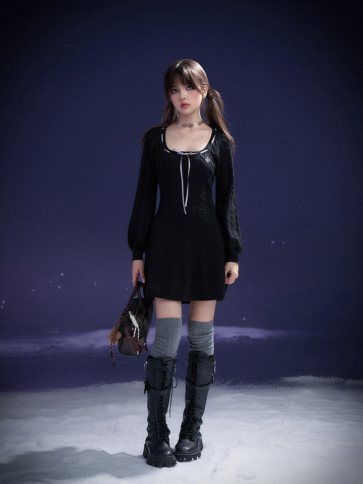 Ribbon-Trim Square Neck Knit Mini Dress