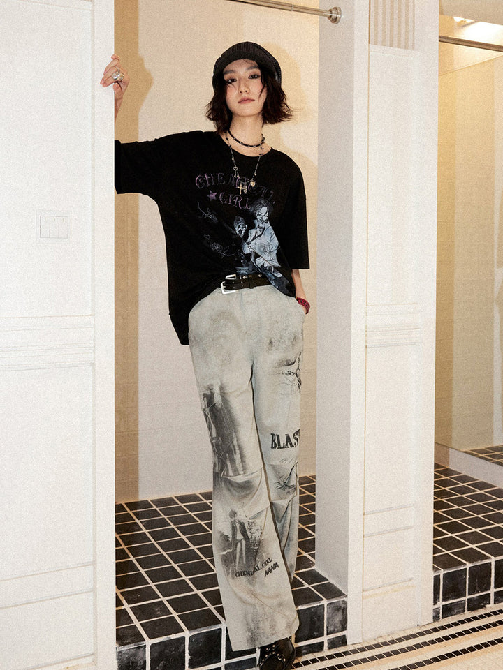 Vintage Manga Graphic Washed Wide Leg Pants
